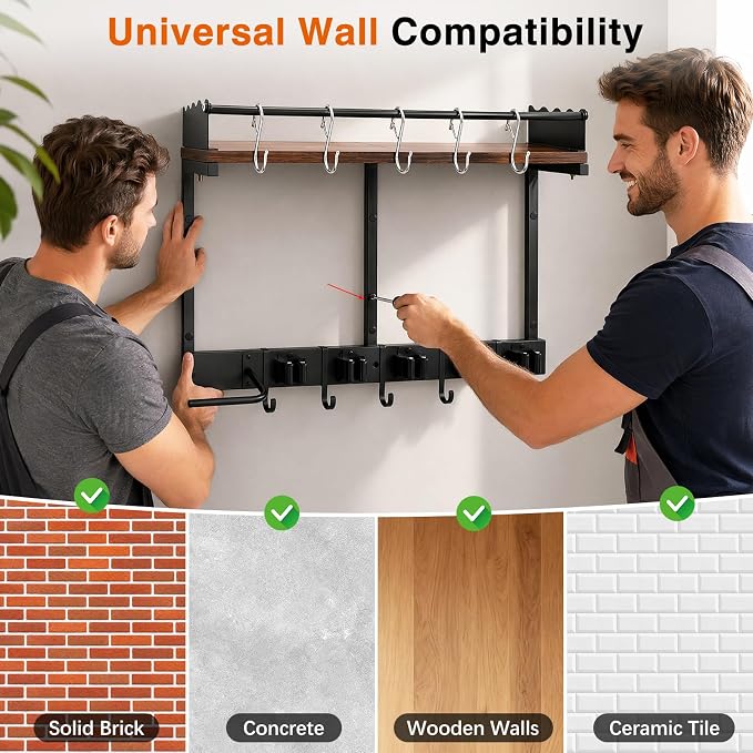 Broom Holder Wall Mount, Broom and Mop Organizer Wall Hanging with Vacuum Stand and & Hooks, Heavy Duty Laundry Organization & Storage, Utility Racks with Wood Shelf & Guard (S) - Image 6