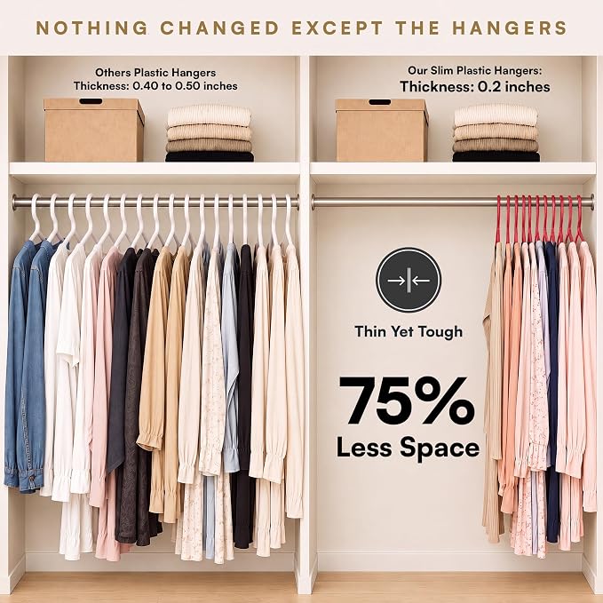Red Plastic Hangers 55 Pack - 10 lb Heavy Duty Plastic Hangers for Closet, Plastic Coat Hangers - 0.20" Slim & Space Saving Clothing Hangers for Shirts Jackets Dresses - Bold - Image 6