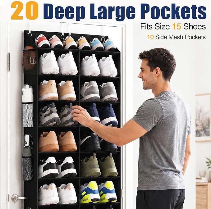 UVIAHOMI 20-30 Pairs Over the Door Shoe Organizer with Side Mesh Pockets, 10-Tier Hanging Shoe Storage for Closet, Breathable Door Shoe Rack Holds Sneakers, Boots, Heels & Daily Essentials, Black - Image 4
