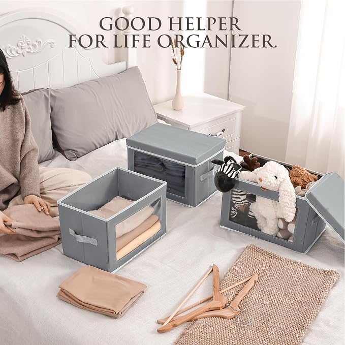 Homsorout Collapsible Storage Bins with Lids, 4 Pack Closet Cubes for Organization, Fabric Storage Baksets with Window, Clothes Organizer bins for Home, Dorm, Grey - Image 3