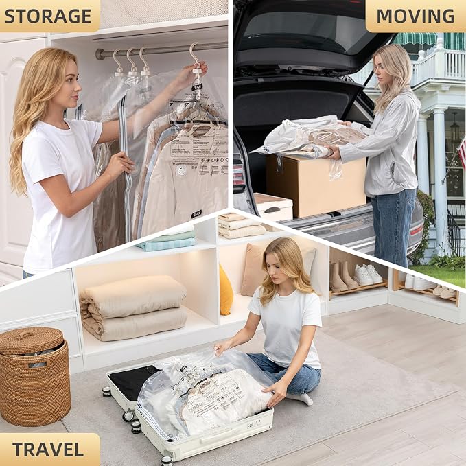 Hanging Vacuum Storage Bags, 6 Large Vacuum Pack Bags for Clothes Reusable Space Saver Bags Vacuum Compression Storage Bags for Winter Coats Wardrobe Coats, Suits & Dresses Garment 5-Ring Hangers | Vacuum Bag Clothing Vacuum Bag for Suits, Coats, Jacke... - Image 8