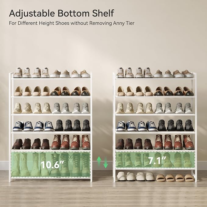 Nunsino Shoe Rack, Metal Shoe Organizer, 6 Tier Garage Shoe Rack Max Holds 30 Pairs,Shoe Storage Shelf for Closet,Entryway,White - Image 4