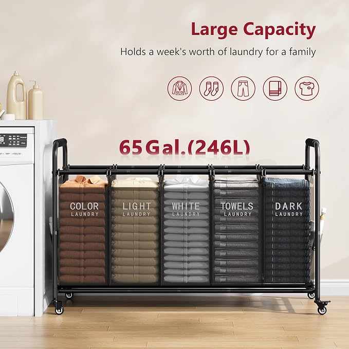 Tajsoon 5 Bag Laundry Sorter, 5 Section Laundry Hamper with Wheels, Black - Image 4