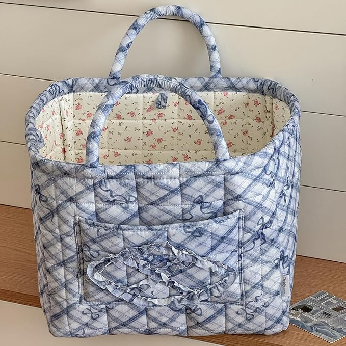 Storage Basket Boho Fabric Large Collapsible Floral Laundry Nursery Hamper Portable Folding Storage for Clothes Toys (Blue Bow) - Image 2