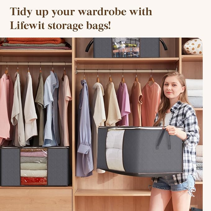 Lifewit 6 Pack Clothes Storage Bins with Lids, Foldable Blanket Storage Bags with Zippers, Clear Window and Reinforced Handles, Closet and Organization for Clothing, Sweater, Comforter, Bedding - Image 9