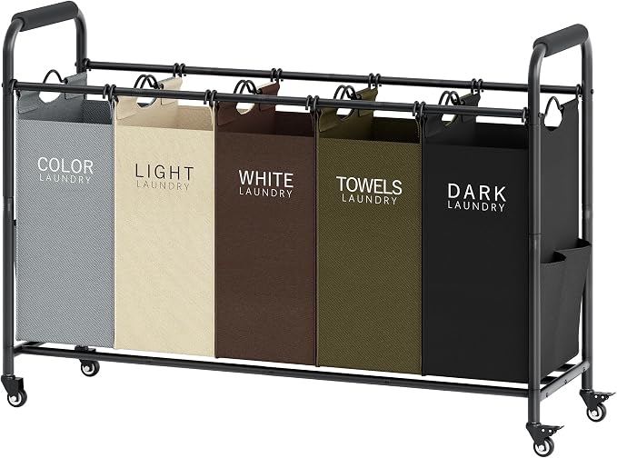 Tajsoon 5 Bag Laundry Sorter Cart, Laundry Hamper 5 Section, 5 Colors by Tajsoon