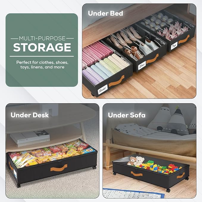 Under Bed Storage with Wheels, 2 Pack (36L Each)| Low Profile Storage Organizer with Clear Window, Double Zipper & 360° Locking Wheels – Rolling Metal Drawer for Clothes, Shoes, & More (Black) - Image 6