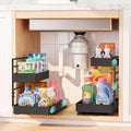 EVERIE Height Adjustable 2 Tier Metal Pull Out Slide Shelf Organizer for Under Sink Cabinets in Kitchen, Bathroom, with Snap-on Top Tray, 16" Deep (Black, 2 Sets) by EVERIE