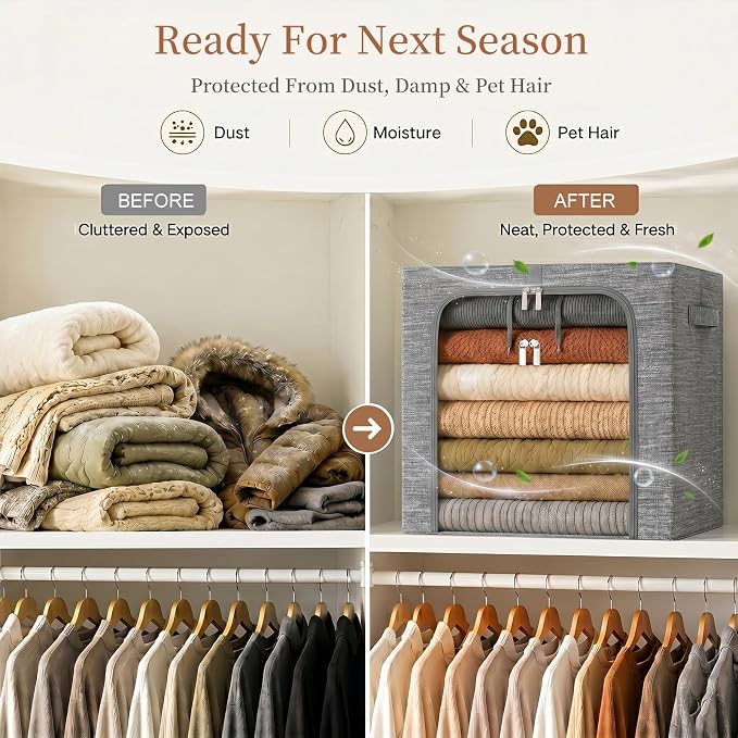 GoMaihe Blanket Storage Bins with Metal Frame for Closet, 55L 6-Pack Grey - Image 6