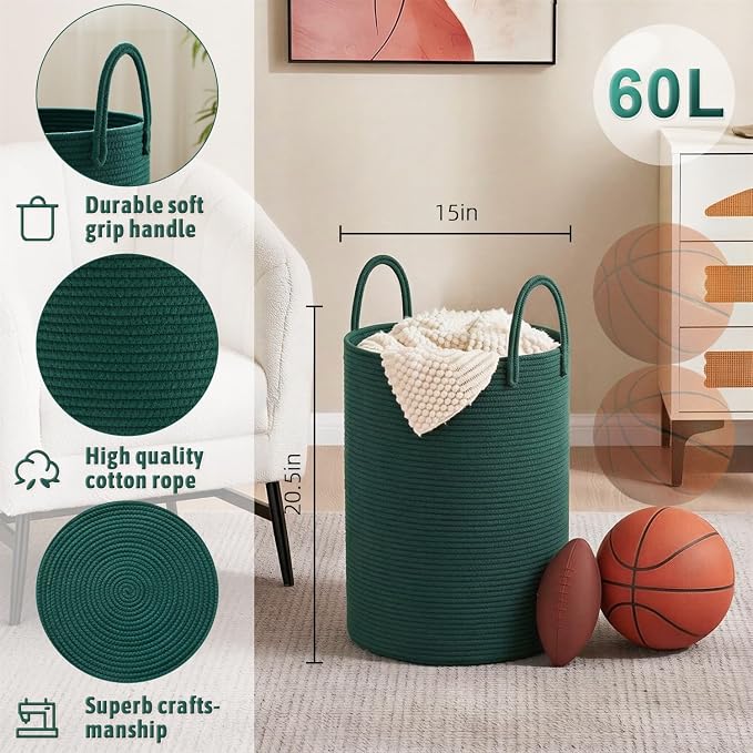 Artfeel Laundry Basket,Woven Cotton Rope Laundry Hamper,60L for Decorative Storage of Dirty Clothes,Toys and Blankets in Bathroom,Baby Room and Living Room - Image 6