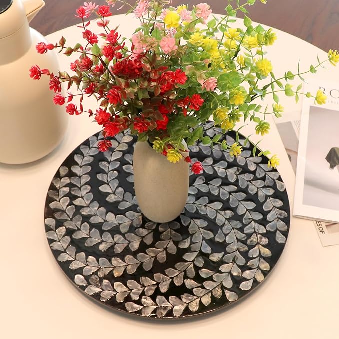 13.8" Mother of Pearl Lazy Susan Turnable Organizer, 360 Degree Round Table Countertop Decorative Spinning Tray for Kitchen Cabinet Counter Spice Pantry Dinner Table (Black Wicker) - Image 3