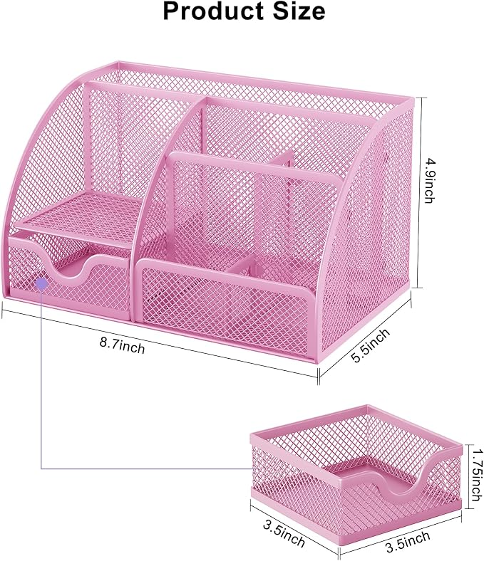 EasyPAG Mesh Desk Organizer with Drawer Multi-functional Pen Holder Stationery Organizer for Office School Supplies 6 Compartments Dorm Organizers and Storage for Desk, Light Pink - Image 7