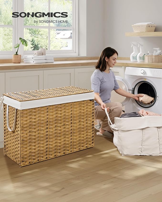 SONGMICS Laundry Hamper with Lid, 200L 4-Section Wicker Basket, 6 Mesh Bags - Image 2