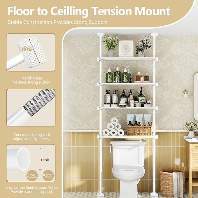 Over The Toilet Storage Shelf No Drill 4-Tier Adjustable Bathroom Organizer - Image 5