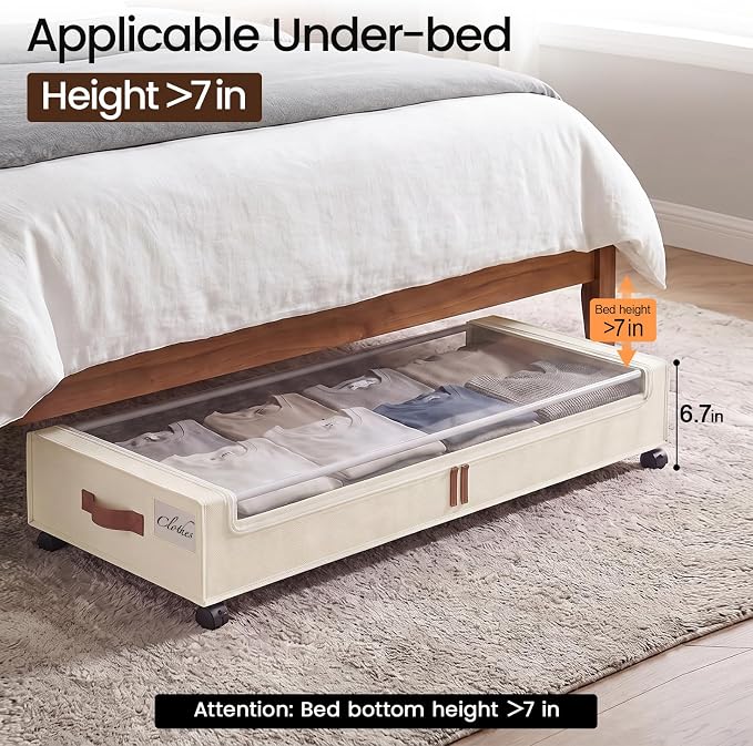 Yecaye 70L Large Under Bed Storage Containers with Wheels, 2 Pack, Beige | Larger Capacity, 360° Rolling Wheels, Clear Window & Label, Sturdy Fabric, Rolling Metal Drawers for Clothes, Shoes, Blankets - Image 8