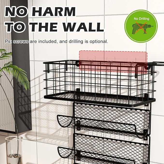 Wall-Mounted Hair Dryer Holder Styling Tool Organizer 4-Shelf Storage Wire Basket with Hook Heat Safe Rack for Hair-Straighteners,Curling Wands,Flat Iron,Perfume,Cabinet Door Bathroom Kitchen - Image 3