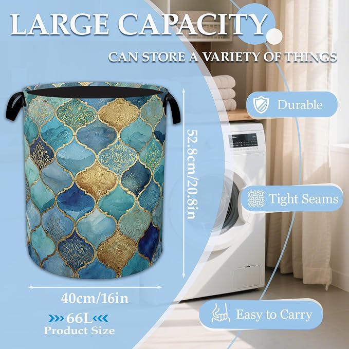 Moroccan Mosaic Laundry Basket Collapsible Laundry Hamper, Oxford Cloth Storage Bin for Room/Bathroom/Bedroom/Dormitories 16" X 20.8" - Image 2