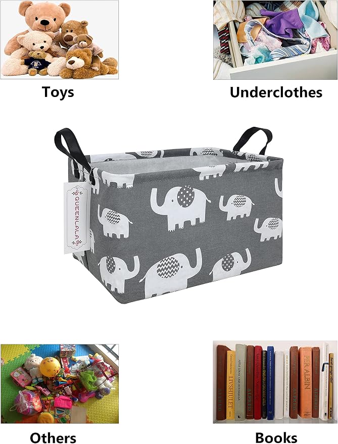 Rectangular Collapsible Laundry Basket with Side Handles, Elephant - Image 3