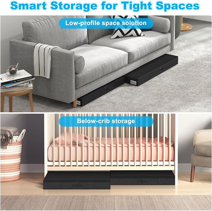 Under Bed Storage Container Bins 4 Pack, 4 Inch Thin Low Profile Underbed Clothes Storage Organizer for Dorm & Home, Use for Blanket and Toy Storage Box W/ Sturdy Bottom/Sides, Foldable Thick Fabric - Image 5
