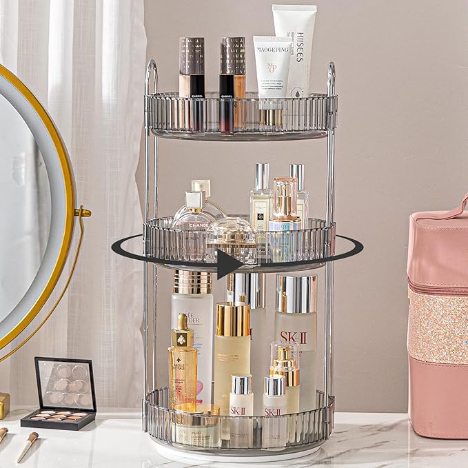 shuang qing Rotating Makeup Organizer for Vanity, Large Capacity Skincare Perfume Storage, Bathroom Counter Organizer, 360 Spinning Cosmetic Dresser Countertop Organizers (Gray, 3 Tier) by SHUANGQING