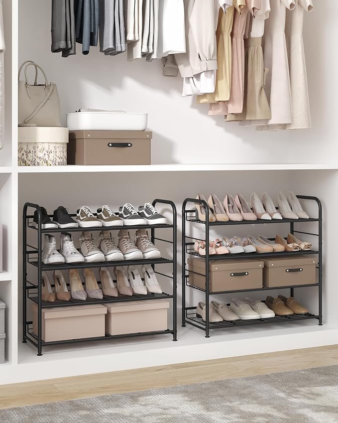 SONGMICS 4-Tier Stackable Metal Shoe Rack, Holds Up to 16 Pairs of Shoes | Shoe Organizer for Closet, Entryway, and Small Spaces, with Adjustable Slanted Shelves, Black, DAVIAN Collection ULMR067B01 - Image 3