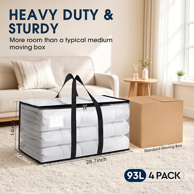 HomeHacks Moving Bags, Heavy Duty Storage Bags for Clothes, 4 Pack 93L - Image 2
