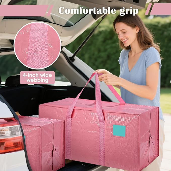 12 Pack Moving Bags with Full-Open Side Zipper, Extra Large 93L Heavy Duty Waterproof Foldable Storage Totes for College Dorm, Moving & Home Organization Pink - Image 7