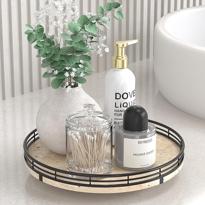 AMH 10-Inch Italian Travertine Lazy Susan with Black Metal Frame by AMH