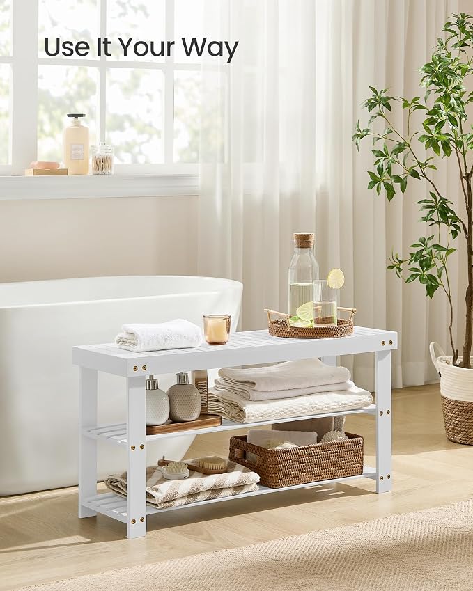 SONGMICS Shoe Rack Bench, 3-Tier Bamboo Entryway Bench, 35.4 Inches Width | Shoe Storage Organizer, Holds Up to 286.6 lb, Cloud White, BAMBOU Collection ULBS090W01 - Image 2