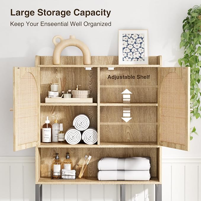 Rattan Over The Toilet Storage Cabinet with Adjustable Shelf and Large Space, Bathroom Organizers and Storage Over Toilet with Rattan Door, Metal Stand, Tall Storage Shelves Above Toilet, Natural - Image 4