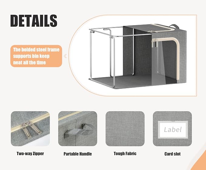 3 Openings Clothes Storage Bins with Metal Frame, Foldable Storage Bin for Clothes, Clothing Storage Bins with Lid, Linen Storage Box With Clear Window＆ Zippers＆ Durable Handles.(3 Pcs,Light Grey,40L) - Image 4