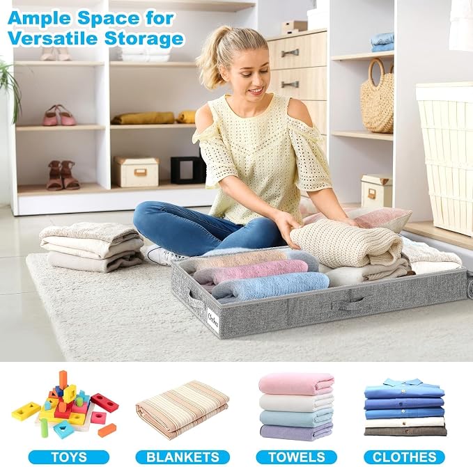 Under Bed Storage Container Bins 2 Pack, 4 Inch Thin Low Profile Underbed Clothes Storage Organizer for Dorm & Home, Use for Blanket and Toy Storage Box W/ Sturdy Bottom/Sides, Foldable Thick Fabric - Image 3