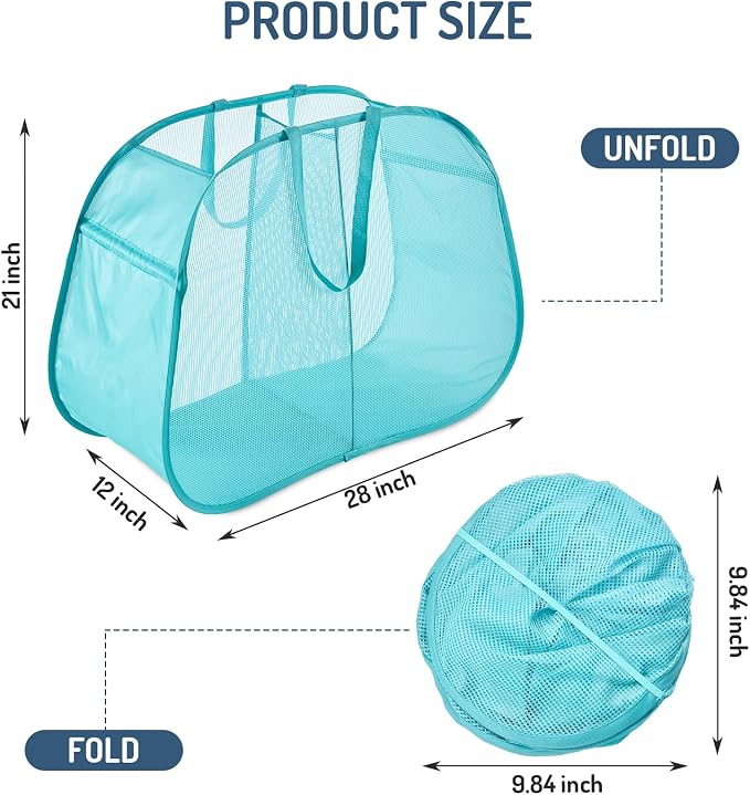 Seiritex Mesh Popup Laundry Hamper 2 Compartment, Collapsible Laundry Sorter Basket Foldable Hamper for Clothes, College Dorm, Travel (Turquoise Blue) - Image 7