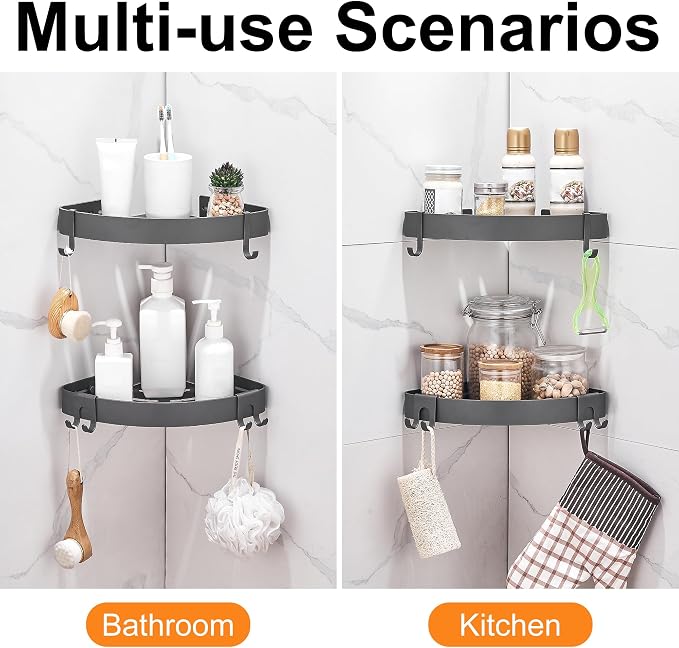 DUFU Adhesive Corner Shower Caddy with Hooks, Grey, 2 Pack - Image 5