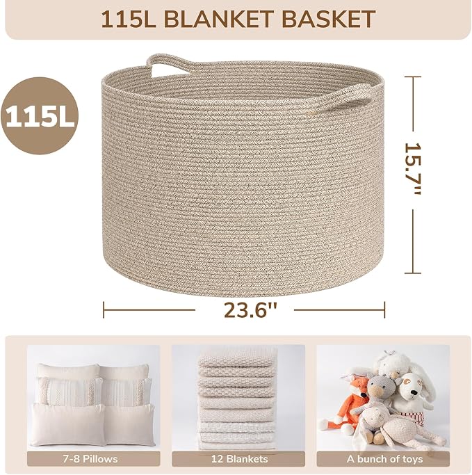 INDRESSME 115L Extra Large Woven Wicker Blanket Basket Living Room - Image 2