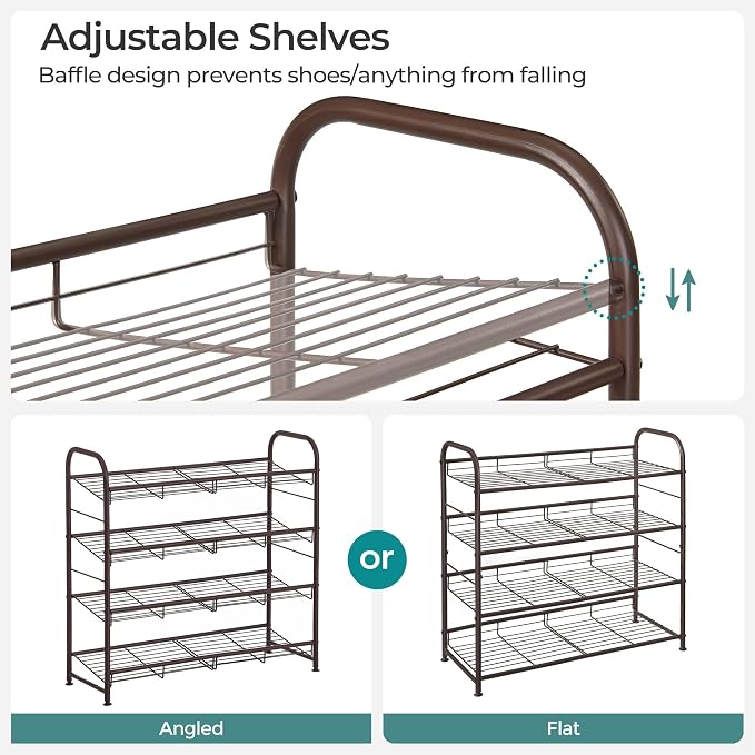 SONGMICS 4-Tier Stackable Metal Shoe Rack, Holds Up to 16 Pairs of Shoes | Shoe Organizer for Closet, Entryway, and Small Spaces, with Adjustable Slanted Shelves, Bronze, DAVIAN Collection ULMR067A01 - Image 9