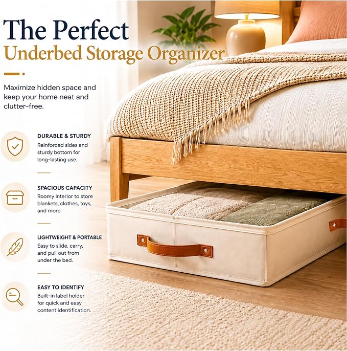 HOMELUX THEORY Under Bed Storage, Medium 2pc with Lid, Ivory | Drawer-style pull-out design, Fits blankets, clothes, fabric & shoes, Bins with lids, Bedroom & closet storage - Image 3