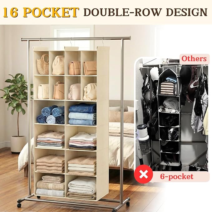 6 Tier Hanging Closet Organizer, 16 Compartments Dual Row Storage, Beige | Closet Organizers and Storage with Large & Small Pockets, 3 Sturdy Hooks Support Heavy Loads, Ideal for Dorm, Garment Rack - Image 4