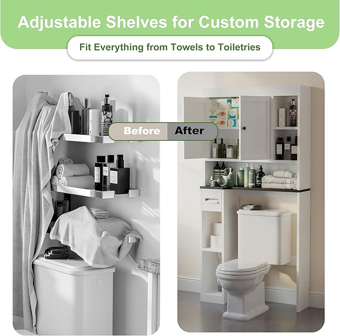 Over The Toilet Storage Cabinet with 7 Shelves, Imitation Walnut Grain Above Toilet Bathroom Organizer with Toilet Paper Holder Stand, Space Saver for Restroom, Laundry, Bathroom (White) - Image 5