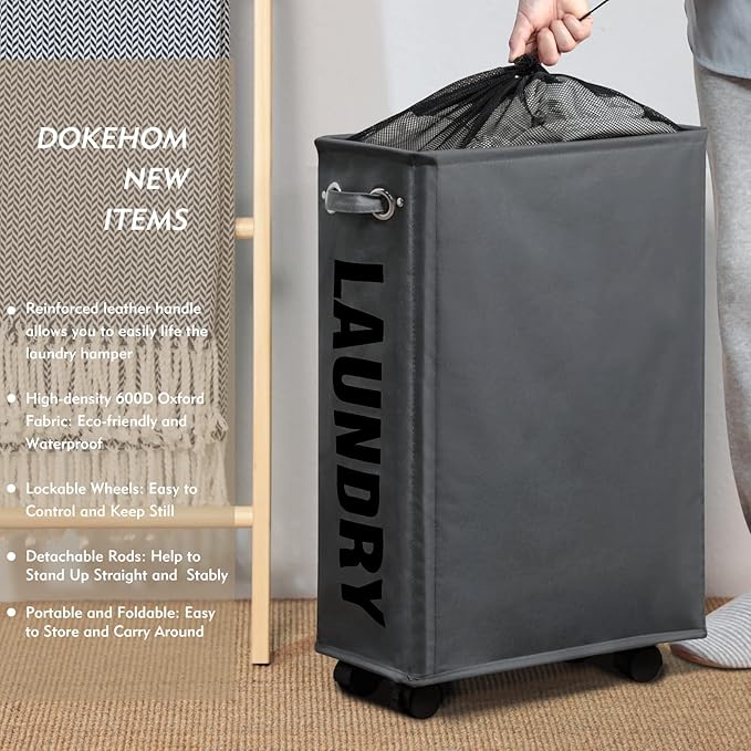 DOKEHOM 25" Slim Rolling Laundry Basket Hamper, Narrow on Wheels, Grey - Image 2
