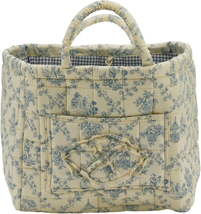 Quilted Fabric Storage Basket with Handles & Pocket, Foldable Laundry Hamper Boho Floral Print Organizer Bin for Home, Picnic, Office 12"x10"x10" (B-3) - Image 2