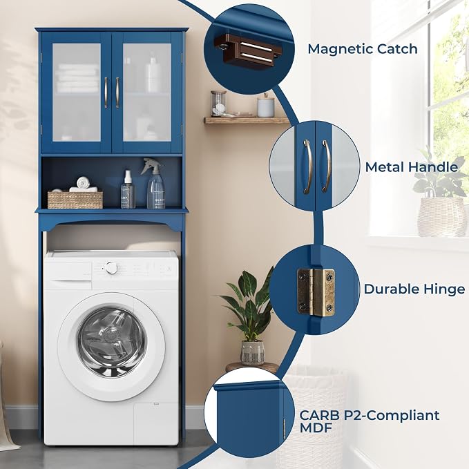 Yaheetech Over the Toilet Storage Cabinet with 2 Glass Doors, Navy Blue - Image 7