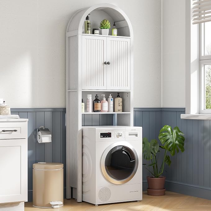 Arched Over The Toilet Storage Cabinet with Fluted Doors, 4 Tier Small Bathroom Shelf Organizer, Arched Bathroom Cabinet, Narrow Slim Toilet Rack, Adjustable Shelf, Wood, White - Image 4