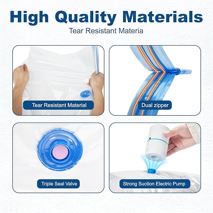 HOUSE DAY 30 Pack Vacuum Storage Bags with Electric Pump, 4 Sizes + 2 Roll-Up (5 Each), Space Saver Vacuum Seal Bags for Clothing, Bedding, Pillows, Travel – Airtight Seal, Reusable & Durable - Image 4