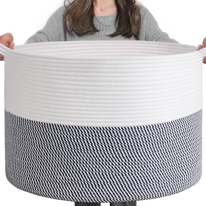 INDRESSME XXXLarge Woven Rope Blanket Basket Living Room Navy, 90L by INDRESSME