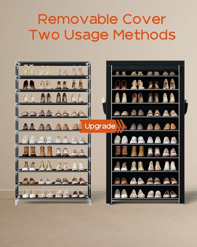CASAMAYA Shoe Rack with Covers, 10 Tiers Tall Shoe Rack Organizer, Large Capacity Shoe Shelf Storage, Hold 40 Pairs of Shoes, Vertical Shoe Storage Organizer for Closet, Entryway, Black, SRT104B01 - Image 5