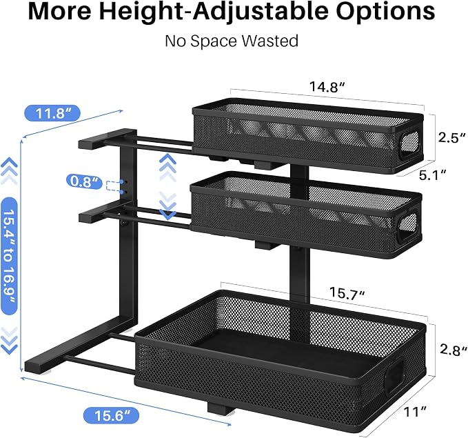 Under Sink Organizer, 3-Tier Thickened Metal Pull out Cabinet Organizer Shelf, Height Adjustable Slide out Storage Drawer Rack for Kitchen Bathroom Pantry Laundry Home Organization, 2-Pack, Black - Image 9