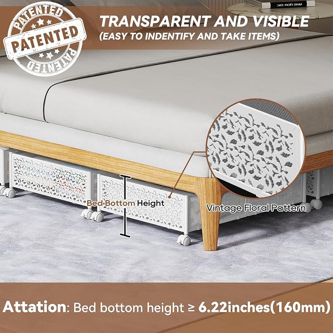 PHINOX Under Bed Storage Container with Wheels,Patterned,Metal,2 Pack,White | Tool-free assembly, glide smoothly, easy reach, foldable, maxmazie low-profile beds, dorm, keep seasonal clothes, shoes fresh - Image 5