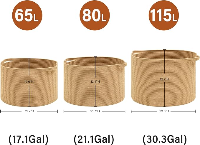 Foldable Laundry Hamper Basket with Collapsible Handle Cotton Rope Soft Woven Fabric Storage Organizer Clothes Toys Nursery Bedroom Dorm Space Saving Bin (Camel, 65L(19.7"D x 12.6"H)) - Image 8