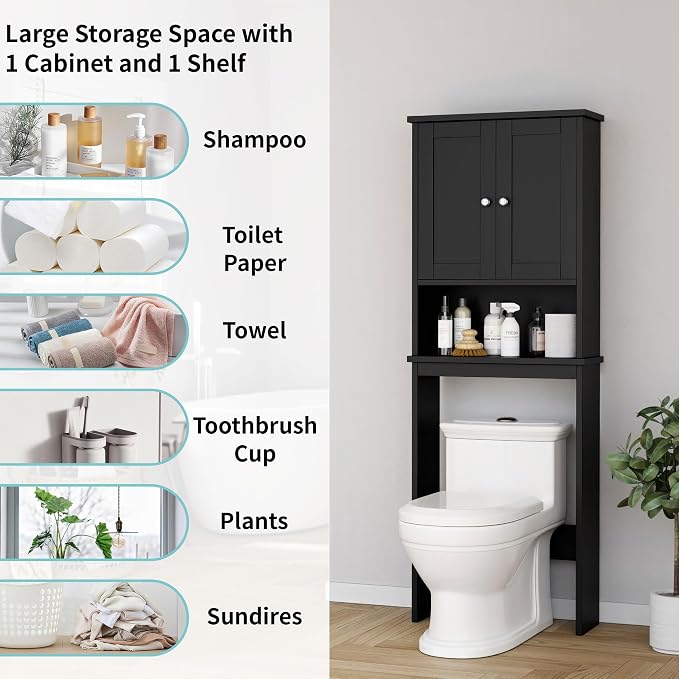 Shintenchi Over the Toilet Storage Cabinet, Bathroom Shelf Organizer with Anti-Tip Device Small Freestanding Space Saver with Adjustable Shelf，Black - Image 4